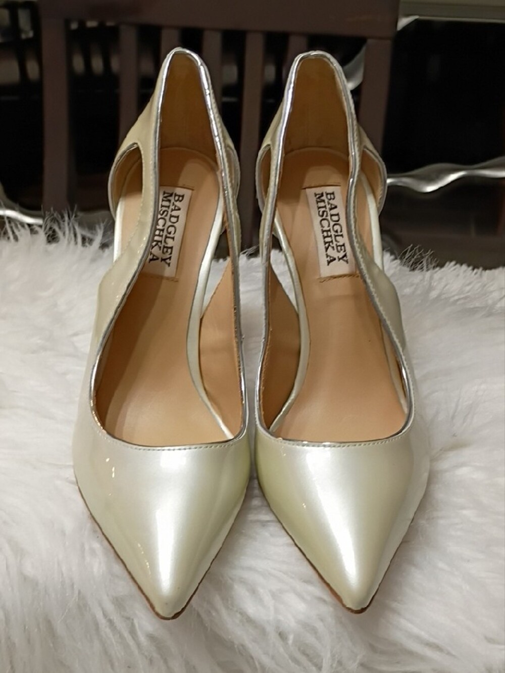 Badgley Mischka Champagne Pearlized Patent Leather Pointed-Toe Cutout Pumps - Picture 7 of 16
